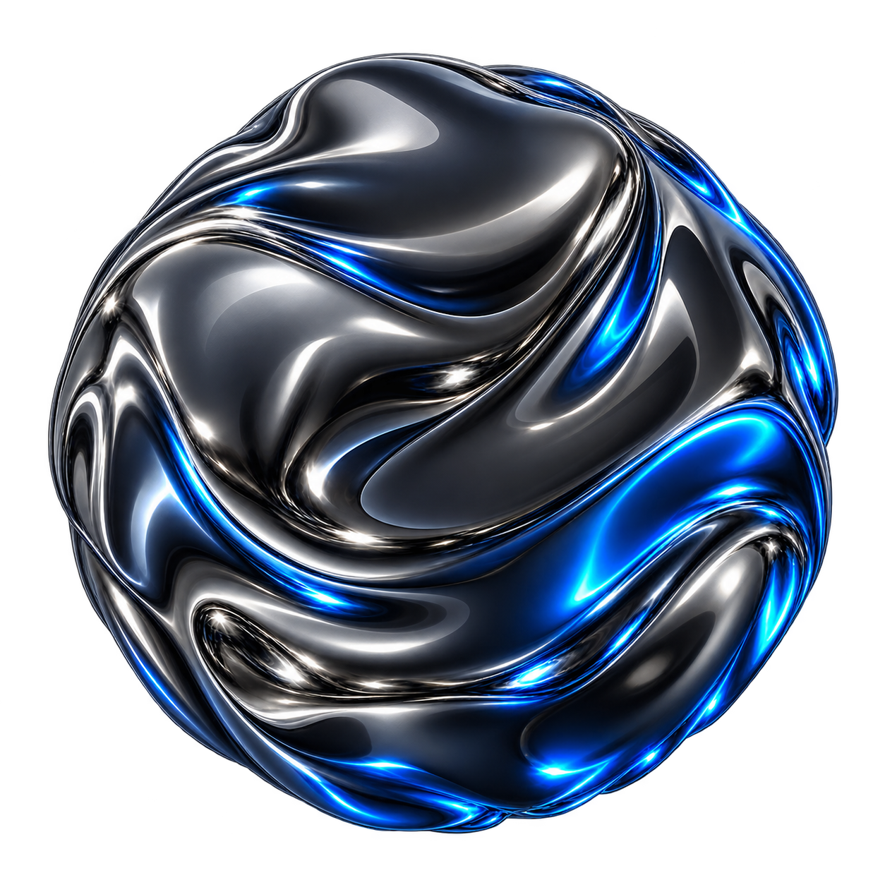 A dimensional dark titanium orb with sculpted folds, silver rim lighting, and cobalt reflections